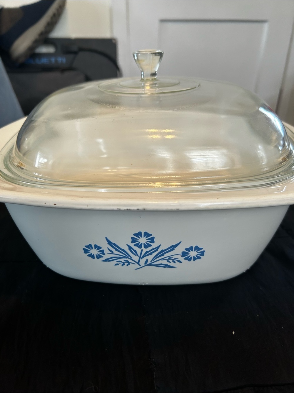 Corningware White Casserole Dish with Blue Floral Motif and Glass Lid